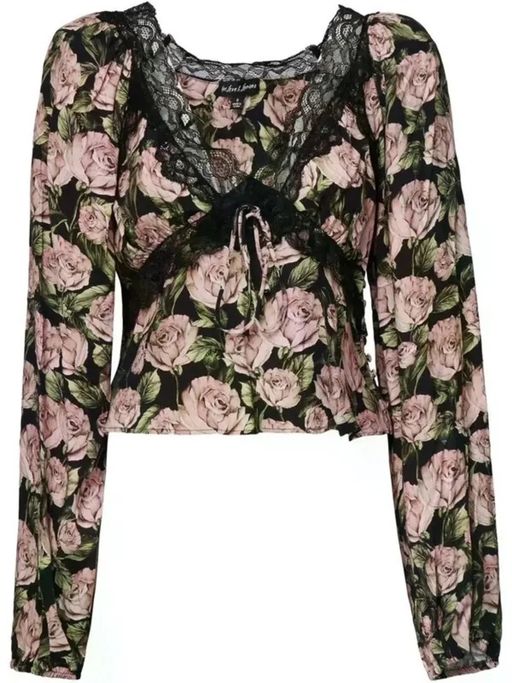 REVOLVE For Love & Lemons Black Floral Lace-Trim V-Neck Blouse NWT XS
